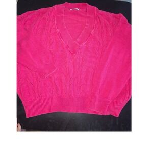 CST Studio Hot Pink Cable Knit V-Neck Sweater Pointelle Magenta Pullover